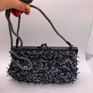 Lancôme Makeup Sequin Purse Silver Evening Bag Clutch mid Century Kiss Lock  8x5